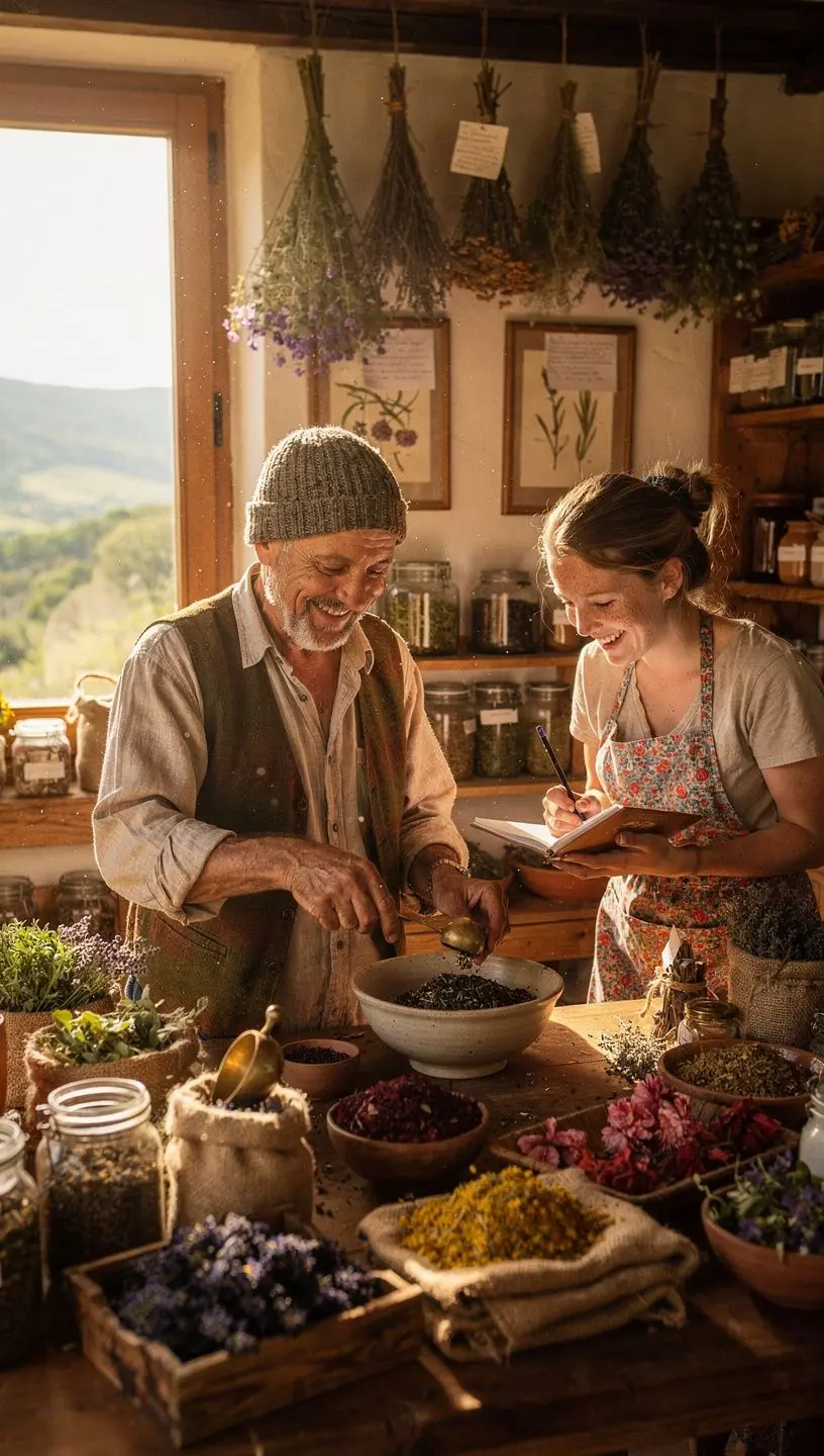 Svježe ubrana metvica pored šalice čaja na drvenom stolu.