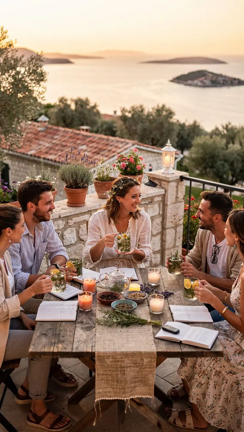 Par šalica čaja postavljenih na stolu s mirisnim biljem u pozadini.