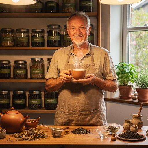 Zeleni čaj s mirisnim biljem u šalici na drvenom stolu.