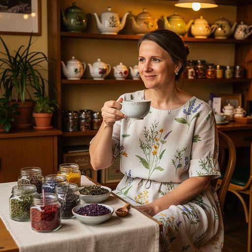 Svježe ubrane biljke na stolu uz šalicu čaja u prirodnom ambijentu.